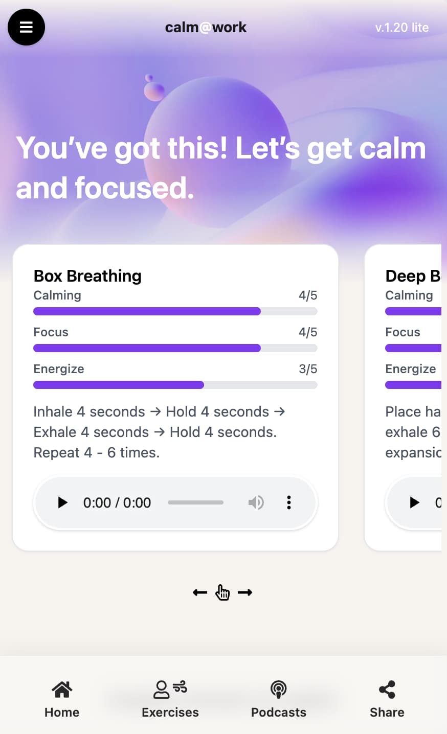 calm@work lite one-minute stress reset screen